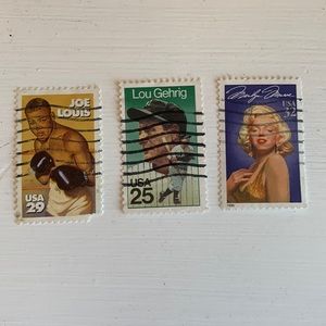 Set of three vintage stamps Marilyn Monroe, Joe louis, Lou Gehrig